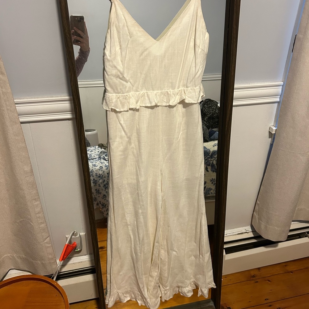 Cream Linen Ruffle-Trim Wide-Leg Jumpsuit